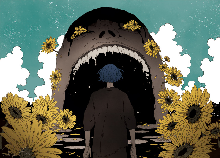 1boy, clouds, creature, flower, horror_(theme), monster, open_mouth, original, outdoors, sakiyama8ma, sky, sunflower, teeth, yellow_flower