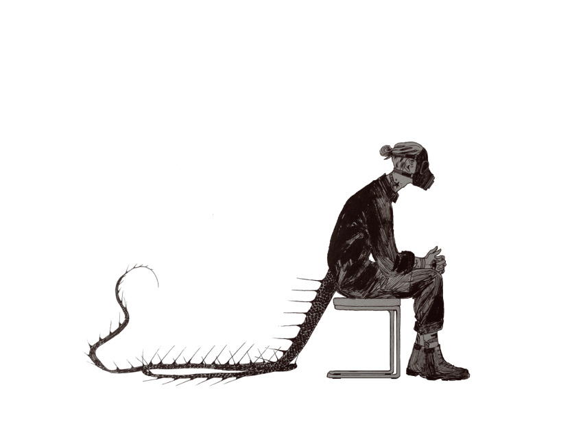 1boy, cochlea1313, gas_mask, mask, original, profile, simple_background, sitting