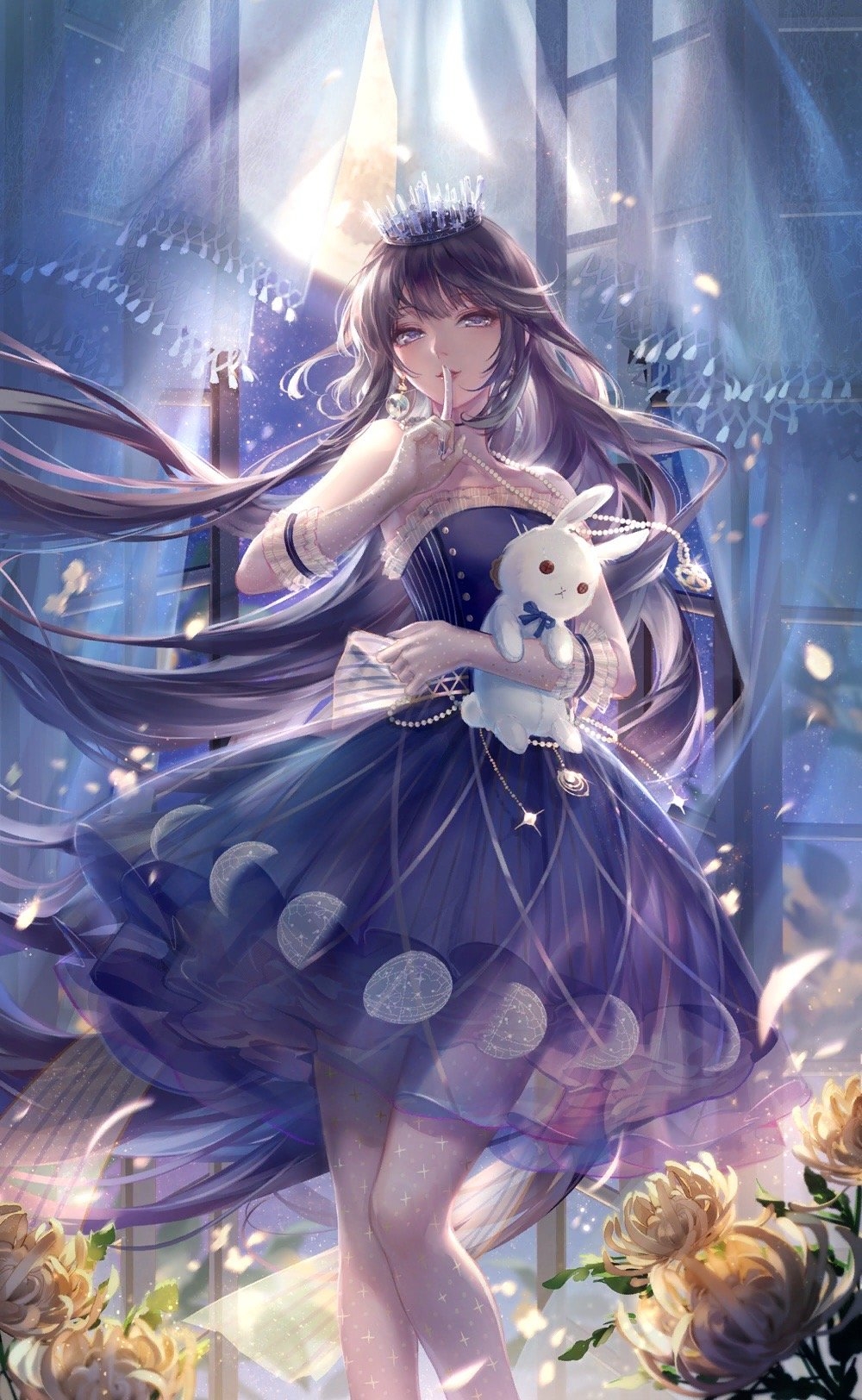 1girl, artist_request, bangs, bare_shoulders, black_hair, blue_dress, choker, collarbone