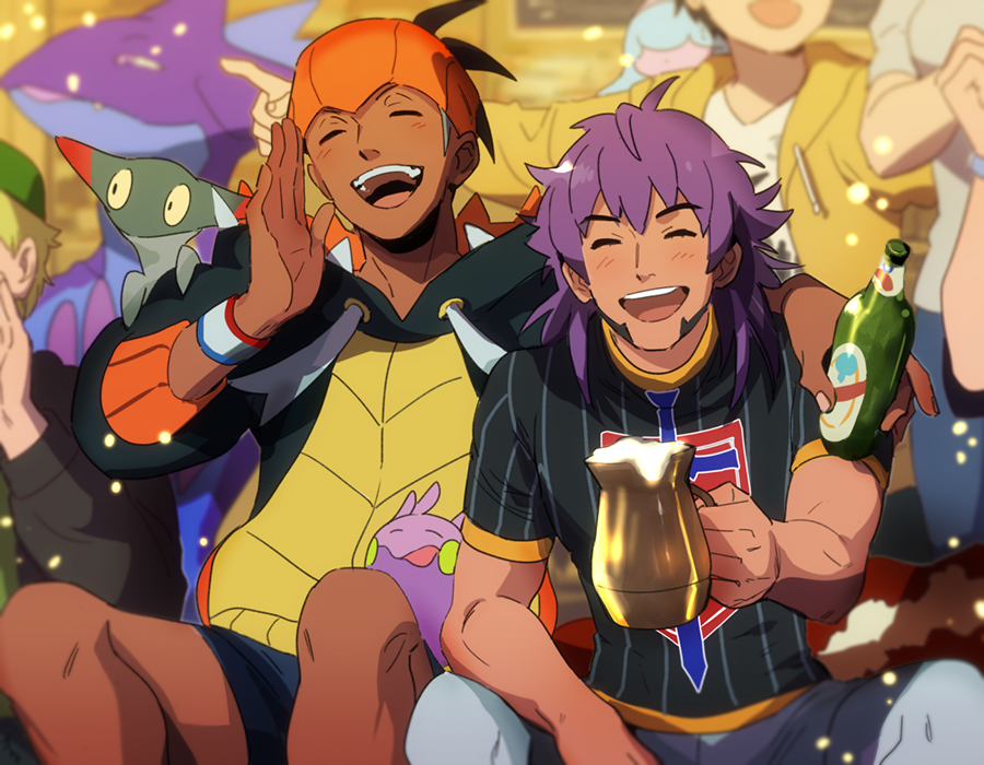 2boys, :d, black_hair, black_hoodie, blush, bottle, champion_uniform, closed_eyes