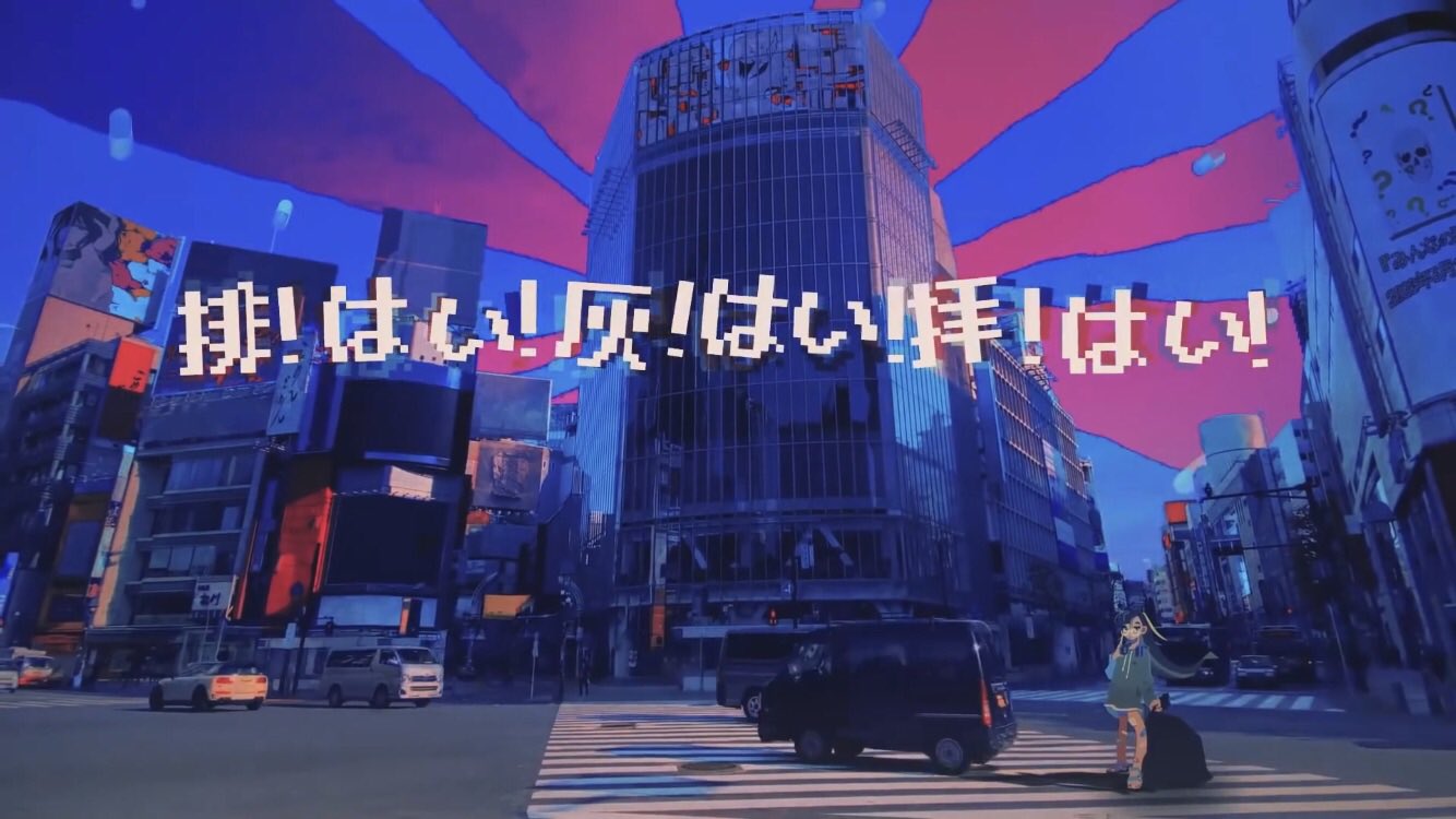 1girl, bag, car, city, cityscape, crosswalk, grey_hoodie, ground_vehicle