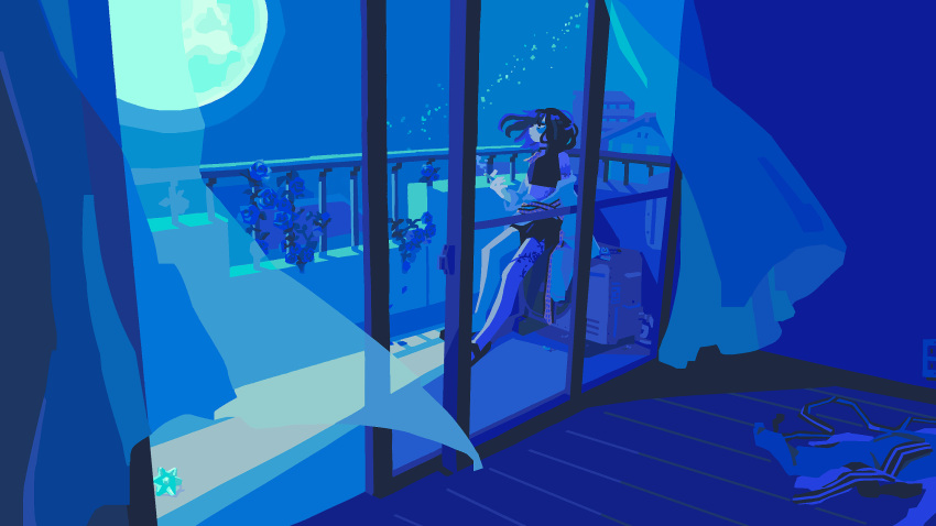 1girl, balcony, black_choker, black_hair, black_shirt, blue_flower, blue_rose, blue_theme