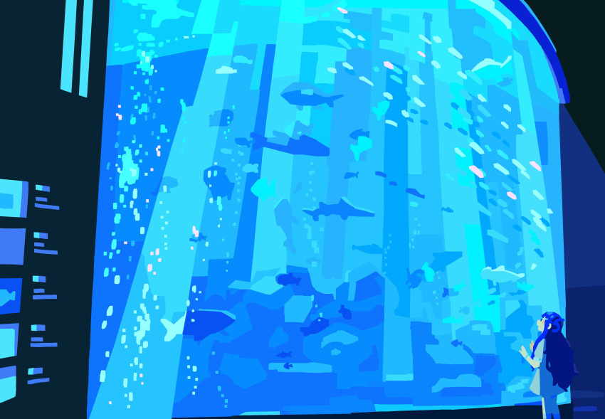 1girl, absurdres, aquarium, blue_hair, blue_theme, fish, flat_color, highres