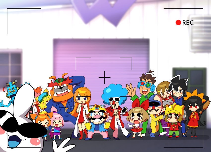 18-volt, 5-volt, 9-volt, absurdres, ana_(warioware), ashley_(warioware), camera, cellphone, dribble_(warioware), highres, holding, holding_camera, jimmy_t, kat_(warioware), lulu_(warioware), mike_(warioware), mona_(warioware), offbeat, orbulon, penny_crygor, phone, photo_(object), selfie, smartphone, spitz, wario, warioware, young_cricket