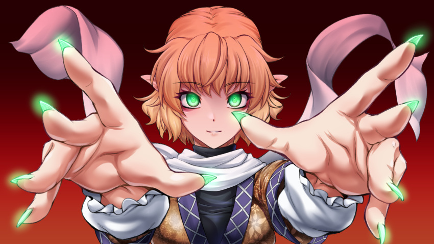 1girl, bangs, black_shirt, blonde_hair, breasts, brown_shirt, commentary_request, fingernails