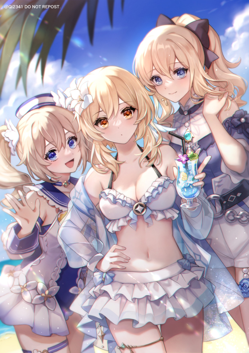 3girls, alcohol, artist_name, bangs, barbara_(genshin_impact), barbara_(summertime_sparkle)_(genshin_impact), bare_shoulders, beach