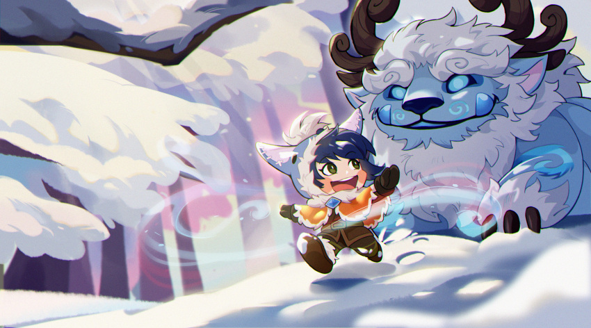 1boy, :d, absurdres, bangs, belt, black_hair, blush_stickers, brown_belt, brown_gloves, brown_pants, child, fur, fur_collar, fur_trim, gem, gloves, green_eyes, highres, hood, hood_up, horns, league_of_legends, male_child, nunu_(league_of_legends), open_mouth, outdoors, pants, pointy_ears, smile, snow, snowing, teeth, tianshi_bianjie, tree, tusks, upper_teeth, willump
