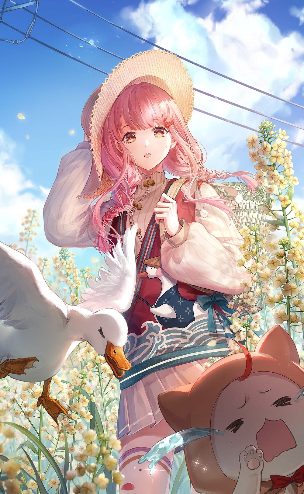 1girl, adjusting_clothes, adjusting_headwear, animal, animal_hands, artist_request, bird, braid