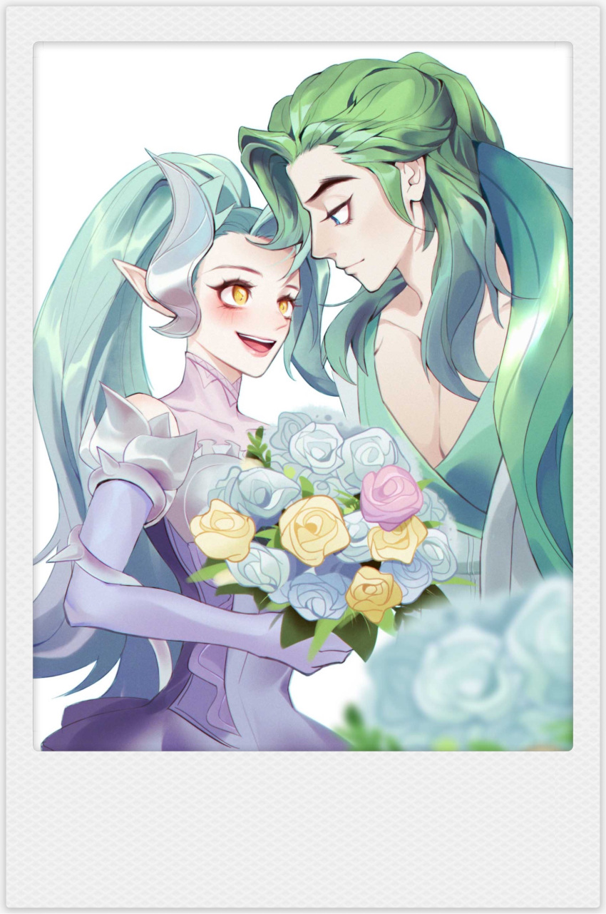 1boy, 1girl, :d, absurdres, bangs, blurry, blurry_foreground, blush, bouquet, collarbone, covered_collarbone, cowboy_shot, crystal_rose_swain, crystal_rose_zyra, dress, elbow_gloves, flower, gloves, green_hair, happy, highres, holding, holding_bouquet, league_of_legends, long_hair, looking_at_another, official_alternate_costume, open_mouth, pectorals, pink_flower, pink_gloves, pointy_ears, ponytail, shiny, shiny_hair, simple_background, smile, swain_(league_of_legends), teeth, tianshi_bianjie, upper_teeth, white_background, white_flower, yellow_eyes, yellow_flower, zyra