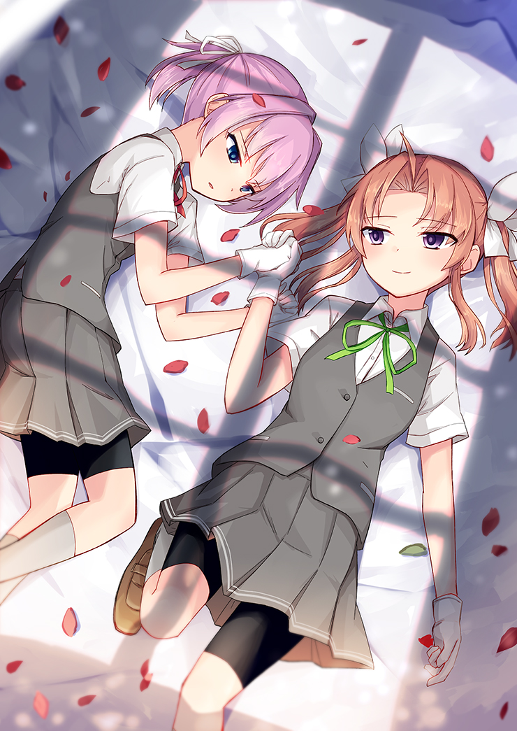2girls, ahoge, bed, bike_shorts, black_shorts, blue_eyes, brown_footwear, brown_hair