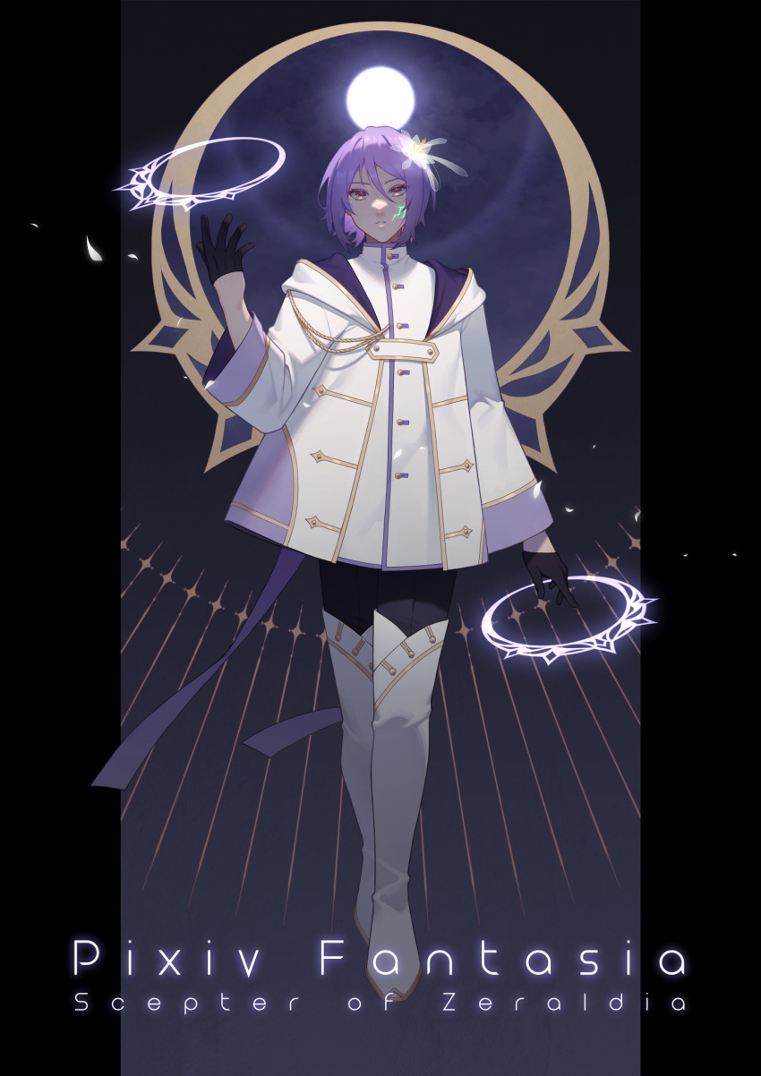 1boy, black_gloves, copyright_name, flower, full_body, gloves, gold_trim, hair_between_eyes