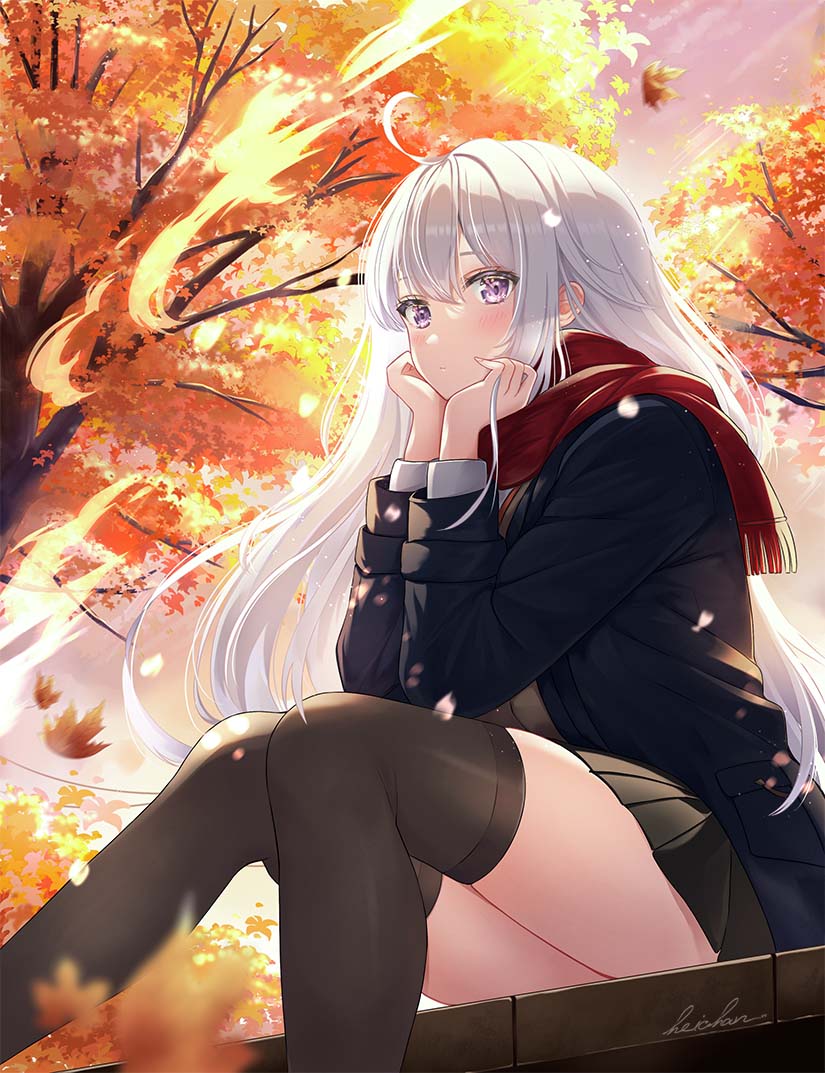 1girl, ahoge, artist_name, autumn, autumn_leaves, bangs, black_skirt, black_thighhighs