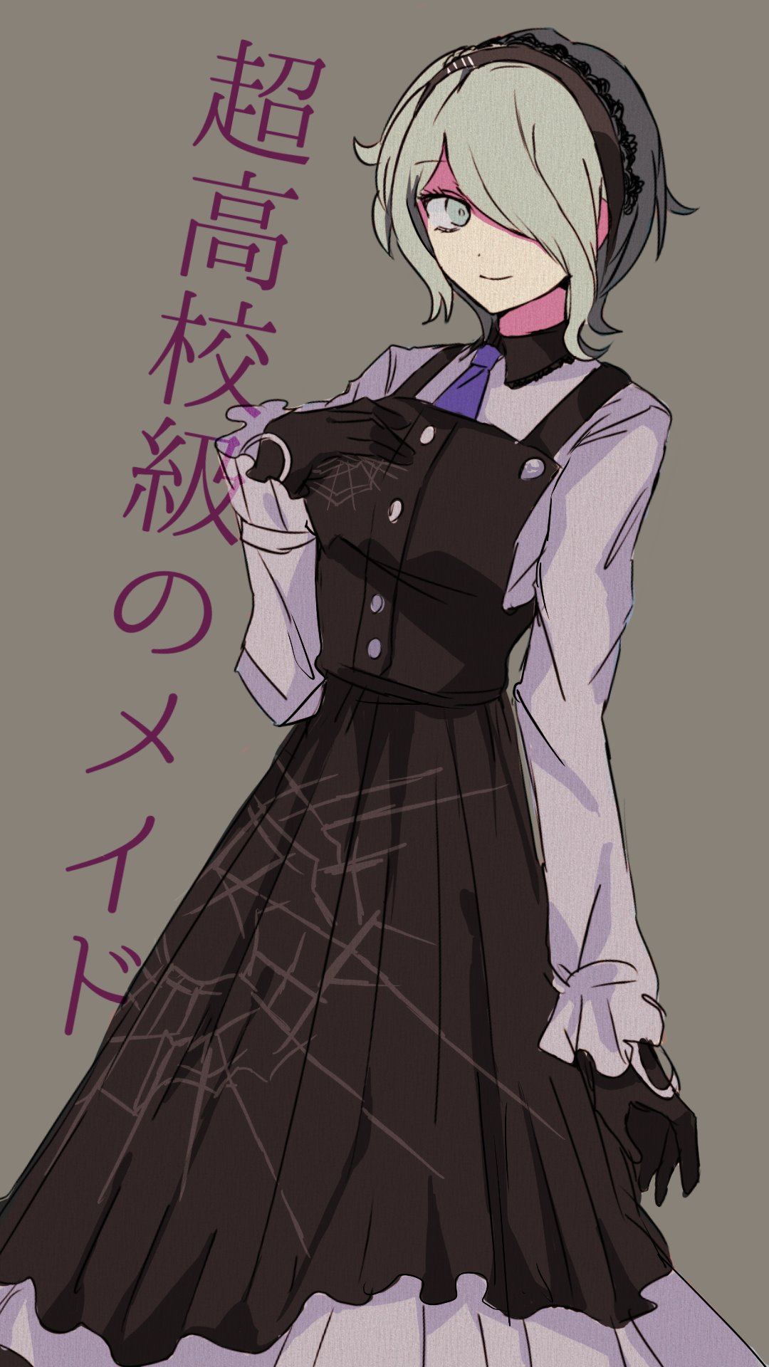 1girl, bangs, black_dress, black_gloves, breasts, brown_background, cowboy_shot, danganronpa_(series), danganronpa_v3:_killing_harmony, dress, gloves, green_eyes, green_hair, grey_shirt, hair_over_one_eye, highres, large_breasts, looking_at_viewer, maid_headdress, necktie, pink_necktie, shirt, short_hair, smile, solo, spider_web_print, toujou_kirumi, translation_request, yuno_(ou35i)