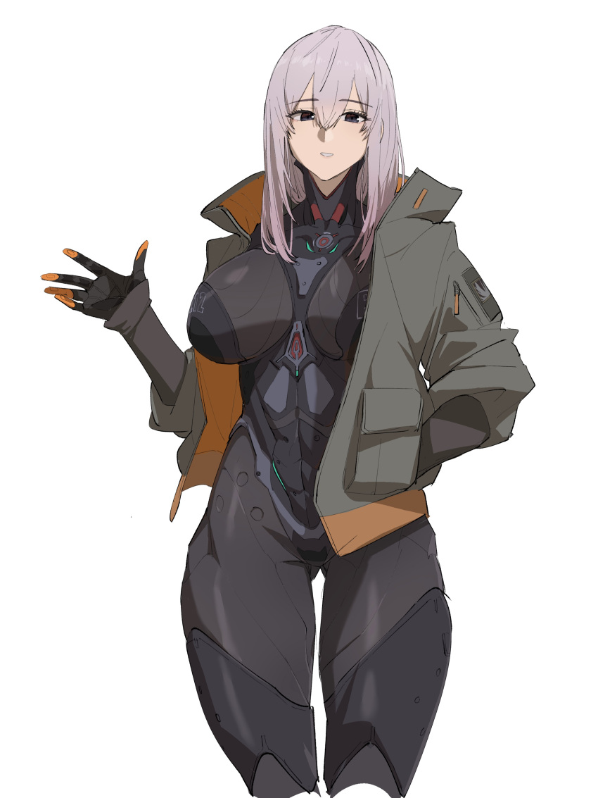 1girl, absurdres, bangs, black_bodysuit, black_eyes, bodysuit, breasts, commentary_request