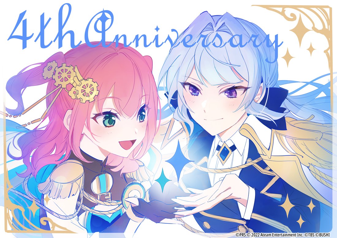 2girls, :d, anniversary, artist_request, bangs, belt_buckle, black_jacket, black_ribbon