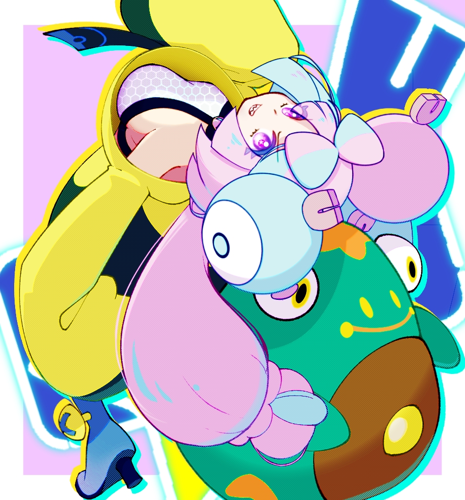 1girl, arched_back, bangs, bare_shoulders, bellibolt, bike_shorts, black_jacket, black_shorts, blue_hair, border, bow-shaped_hair, breasts, character_hair_ornament, grey_shirt, hair_ornament, head_back, hexagon_print, iono_(pokemon), jacket, large_breasts, light_blue_hair, long_hair, long_sleeves, looking_at_viewer, low-tied_long_hair, magnemite, multicolored_clothes, multicolored_hair, multicolored_jacket, outside_border, oversized_clothes, pink_hair, pokemon, pokemon_(creature), pokemon_(game), pokemon_sv, purple_background, sharp_teeth, shirt, shorts, sleeveless, sleeveless_shirt, sleeves_past_fingers, sleeves_past_wrists, smile, solo, split-color_hair, teeth, twintails, two-tone_hair, two-tone_jacket, very_long_sleeves, violet_eyes, white_background, x, yellow_jacket, yuui_art