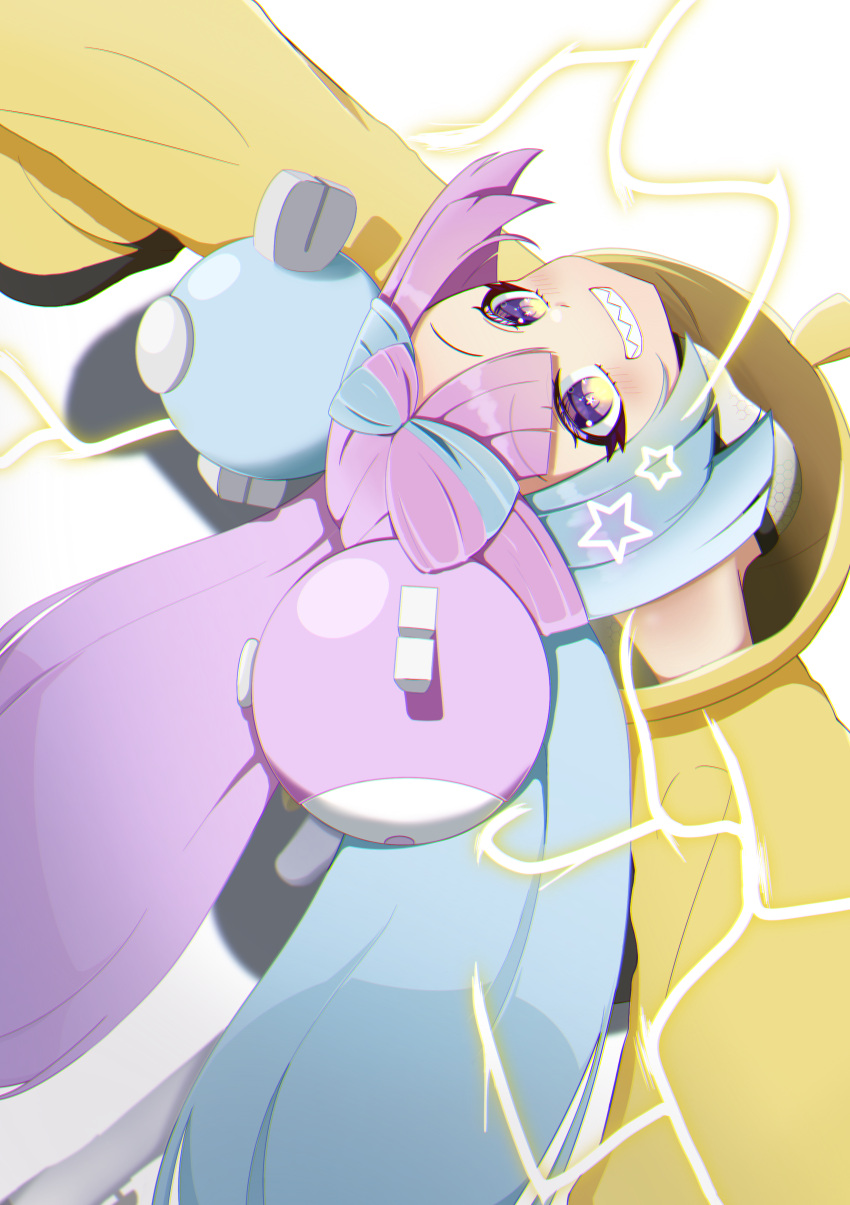 1girl, absurdres, bangs, bare_shoulders, black_jacket, blue_hair, bow-shaped_hair, breasts