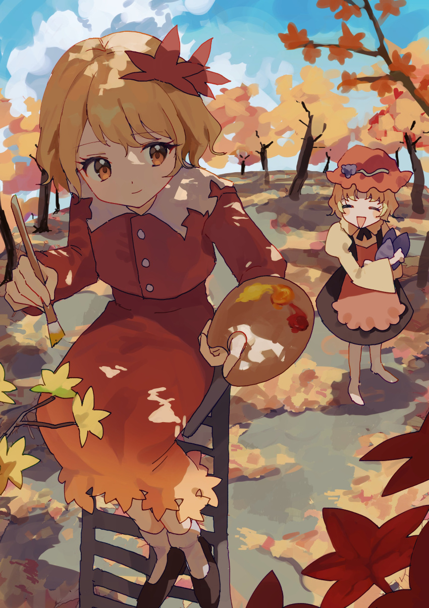 2girls, :d, absurdres, aki_minoriko, aki_shizuha, apron, autumn, autumn_leaves