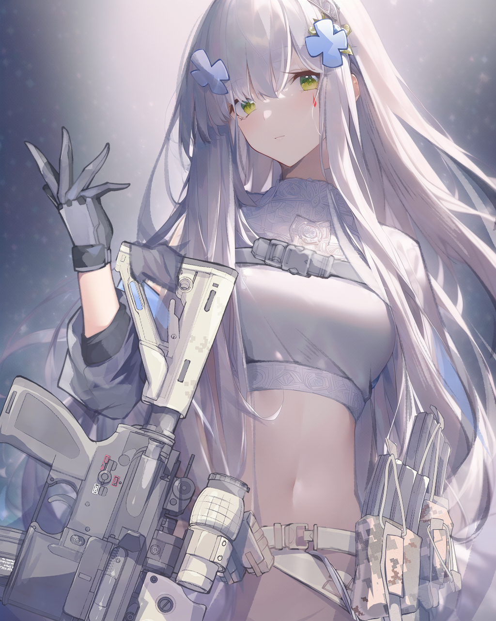 black_gloves, bottomless, breasts, girls_frontline, gloves, green_eyes, groin, gun, highres, hk416_(girls'_frontline), liu_zhao, long_hair, looking_at_viewer, medium_breasts, navel, no_panties, out-of-frame_censoring, stomach, weapon, white_hair