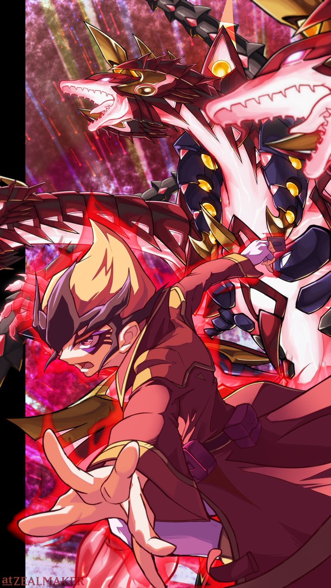 1boy, artist_name, aura, blonde_hair, card, coat, commentary, dragon, duel_monster, facial_mark, fingerless_gloves, gloves, glowing, green_hair, high_collar, highres, holding, holding_card, long_coat, looking_to_the_side, multicolored_hair, multiple_heads, number_c62_neo_galaxy-eyes_prime_photon_dragon, open_mouth, red_coat, red_eyes, sharp_teeth, single_glove, teeth, tenjou_kaito, tongue, tongue_out, two-tone_hair, white_gloves, yu-gi-oh!, yu-gi-oh!_zexal, zealmaker