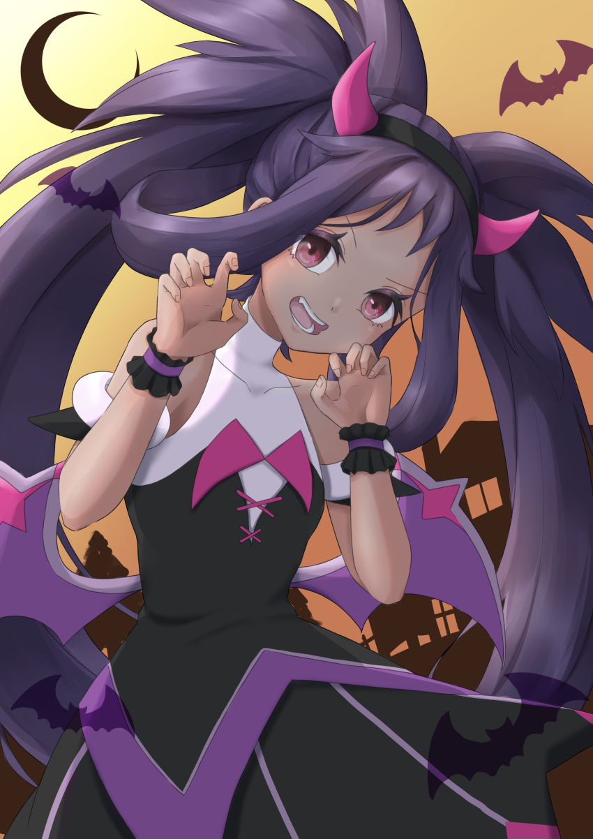 1girl, absurdres, bangs, bare_shoulders, black_dress, black_hairband, claw_pose, commentary_request, covered_collarbone, dark-skinned_female, dark_skin, dress, eyelashes, fake_horns, hair_rings, hairband, halloween, hands_up, highres, horns, iris_(pokemon), long_hair, looking_at_viewer, mochitaro_(mothitaroo), official_alternate_costume, open_mouth, outdoors, pokemon, pokemon_(game), pokemon_masters_ex, pokemon_wings, purple_hair, red_eyes, silhouette, solo, teeth, tongue, twintails