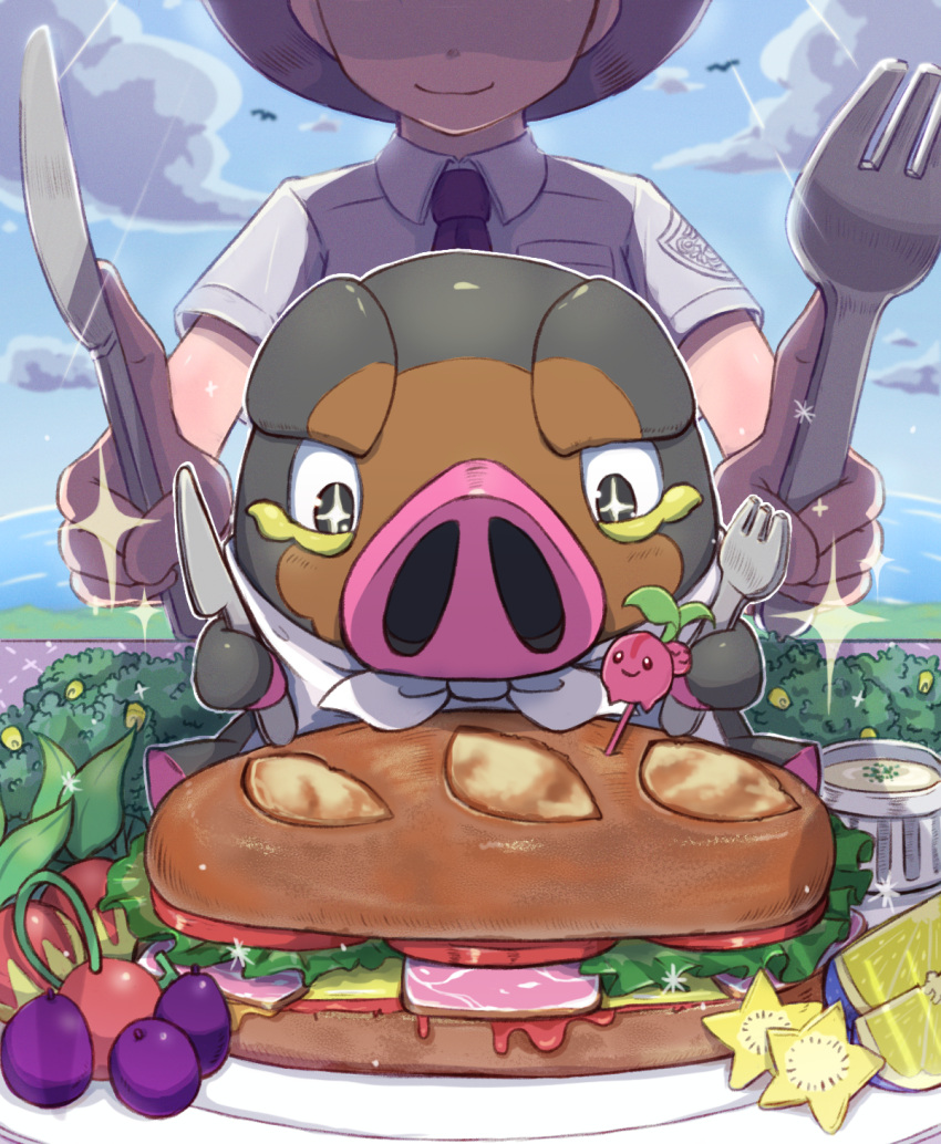 1boy, bird, bread, cherubi, clouds, collared_shirt, commentary_request, day
