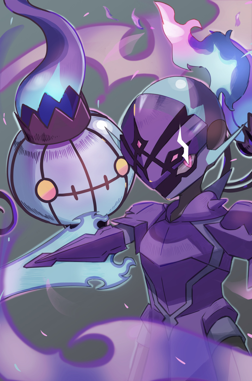 absurdres, blue_fire, ceruledge, chandelure, commentary_request, dog&amp;cat_tail, eye_trail, fire, flame, grey_background, highres, light_trail, no_humans, pink_eyes, pokemon, pokemon_(creature), purple_fire, yellow_eyes