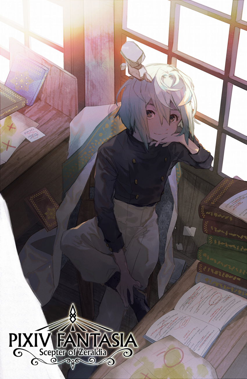1boy, black_footwear, black_shirt, book, book_stack, brown_eyes, copyright_name, desk