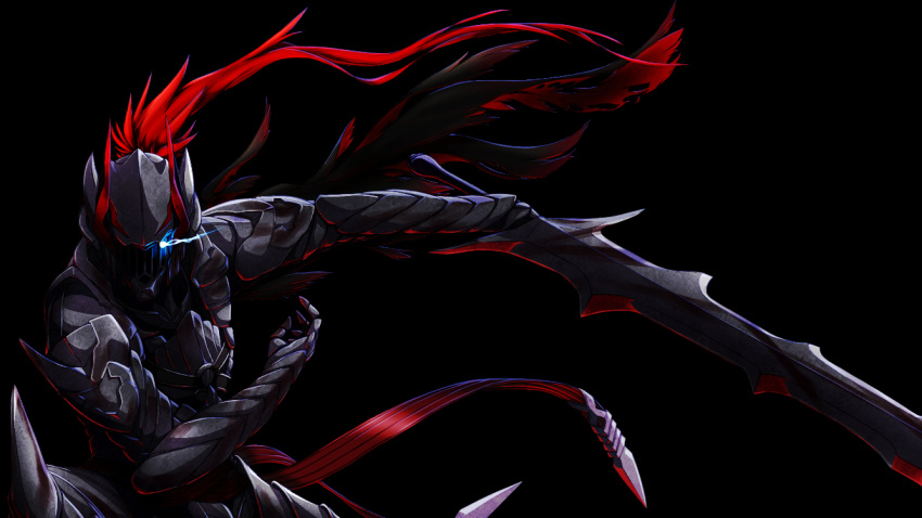 1boy, armor, black_background, blue_eyes, commentary_request, full_armor, glowing, glowing_eye