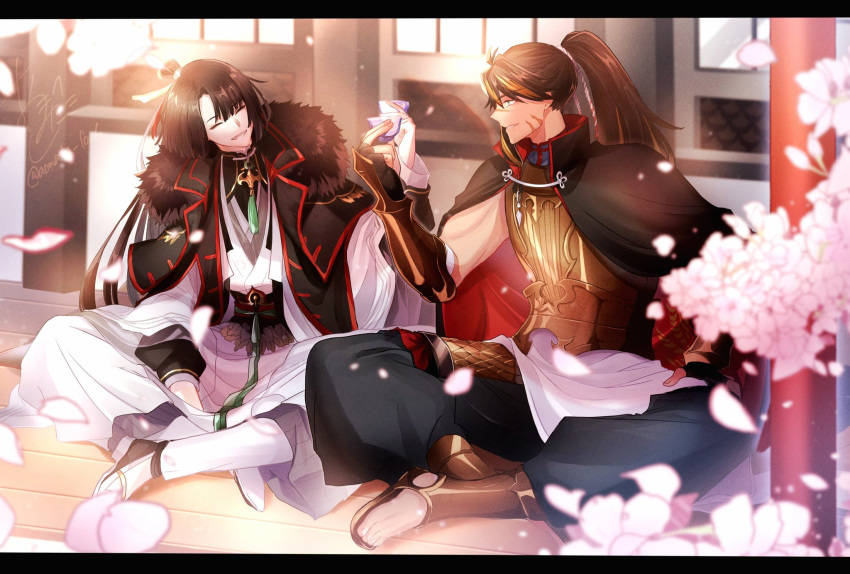 2boys, amata1006, black_hair, cape, cherry_blossoms, cup, fate/grand_order, fate_(series), fingerless_gloves, fur_collar, gloves, highres, huang_feihu_(fate), indian_style, letterboxed, long_hair, male_focus, multiple_boys, ponytail, sakazuki, scar, scar_on_face, signature, sitting, tai_gong_wang_(fate), toeless_legwear, twitter_username