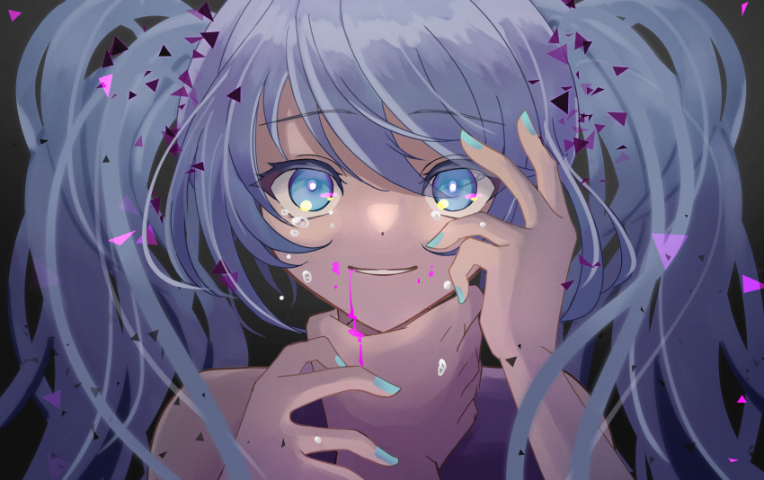 1girl, absurdres, aqua_eyes, aqua_hair, aqua_nails, asphyxiation, blood, blood_from_mouth