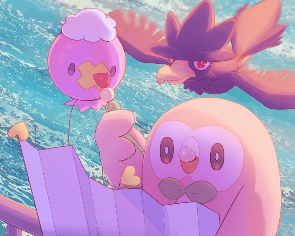 bird, bright_pupils, brown_eyes, commentary_request, day, drifloon, eating, flying
