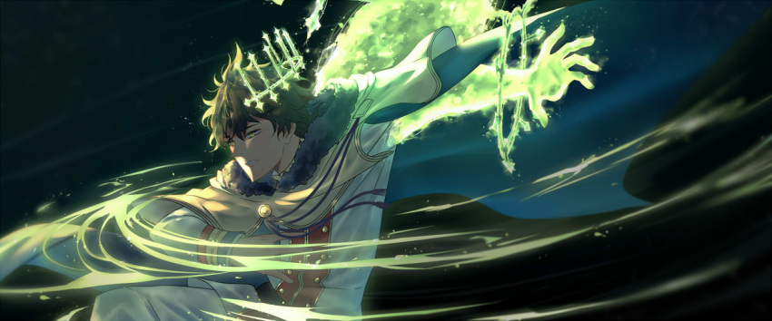 black_clover, black_hair, blue_cape, cape, fairy_wings, green_eyes, halo, sanii