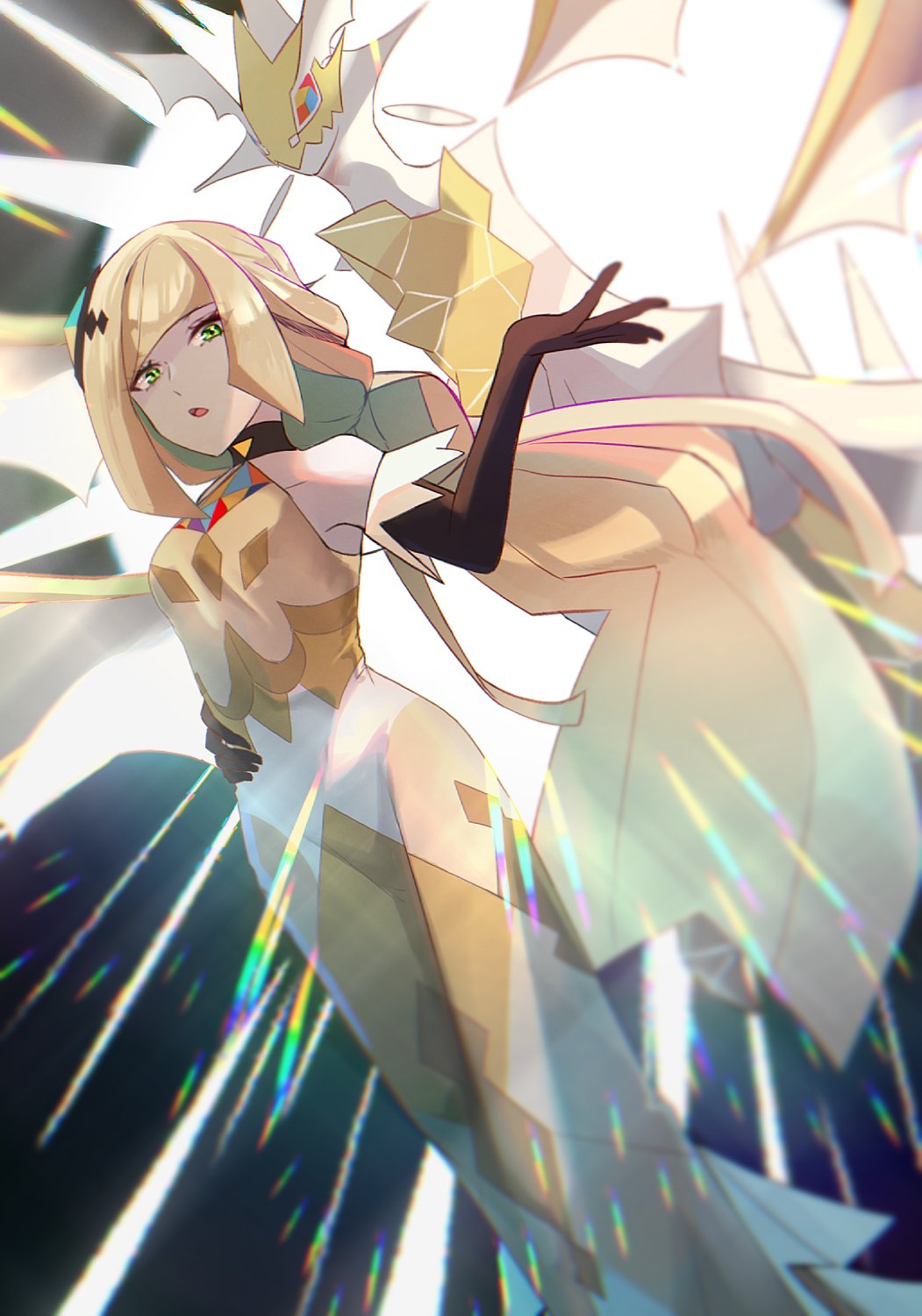 1girl, bangs, bare_shoulders, black_choker, blonde_hair, blunt_bangs, blurry, brown_gloves