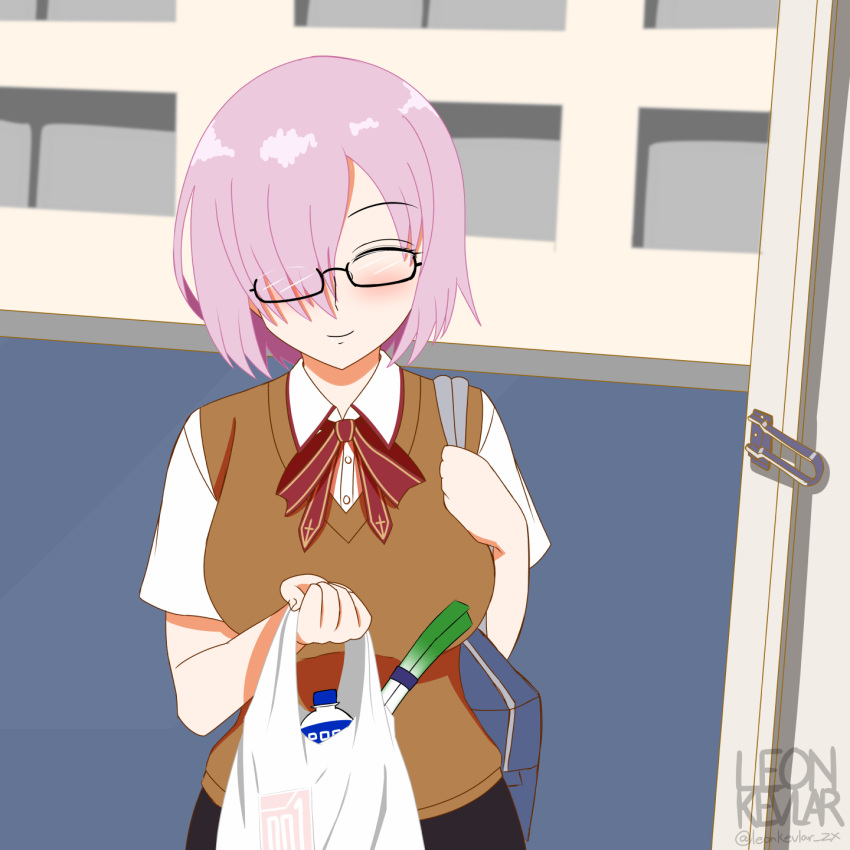 1girl, bag, condom_box, fate/grand_order, fate_(series), glasses, highres, homurahara_academy_school_uniform