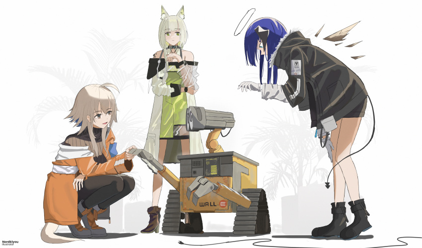 3girls, absurdres, ahoge, animal_ear_fluff, animal_ears, ankle_boots, arknights, bangs