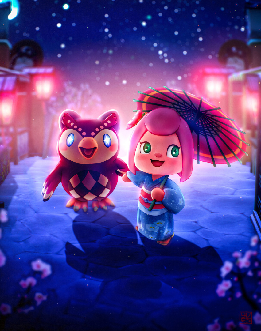 2girls, animal_crossing, artist_request, bird, blue_eyes, celeste_(animal_crossing), commentary_request, flower