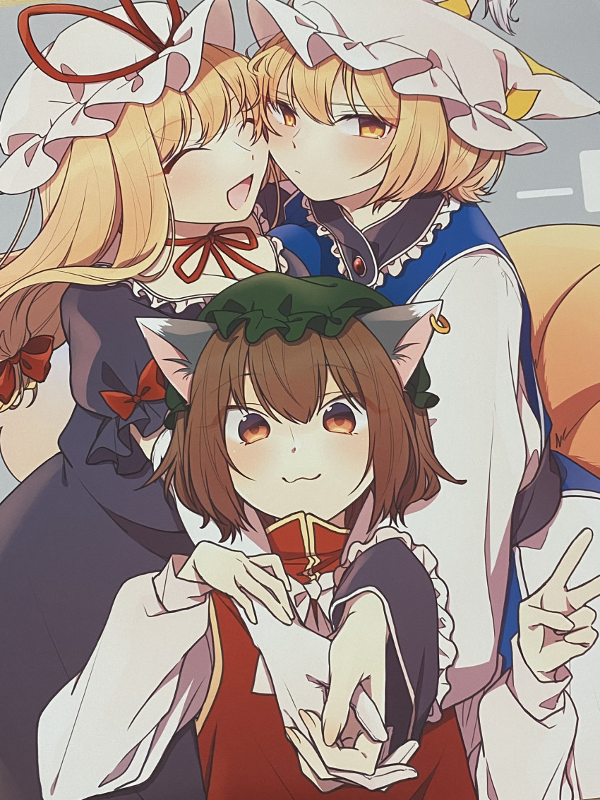 3girls, :3, animal_ears, blonde_hair, cat_ears, chen, dress, earrings