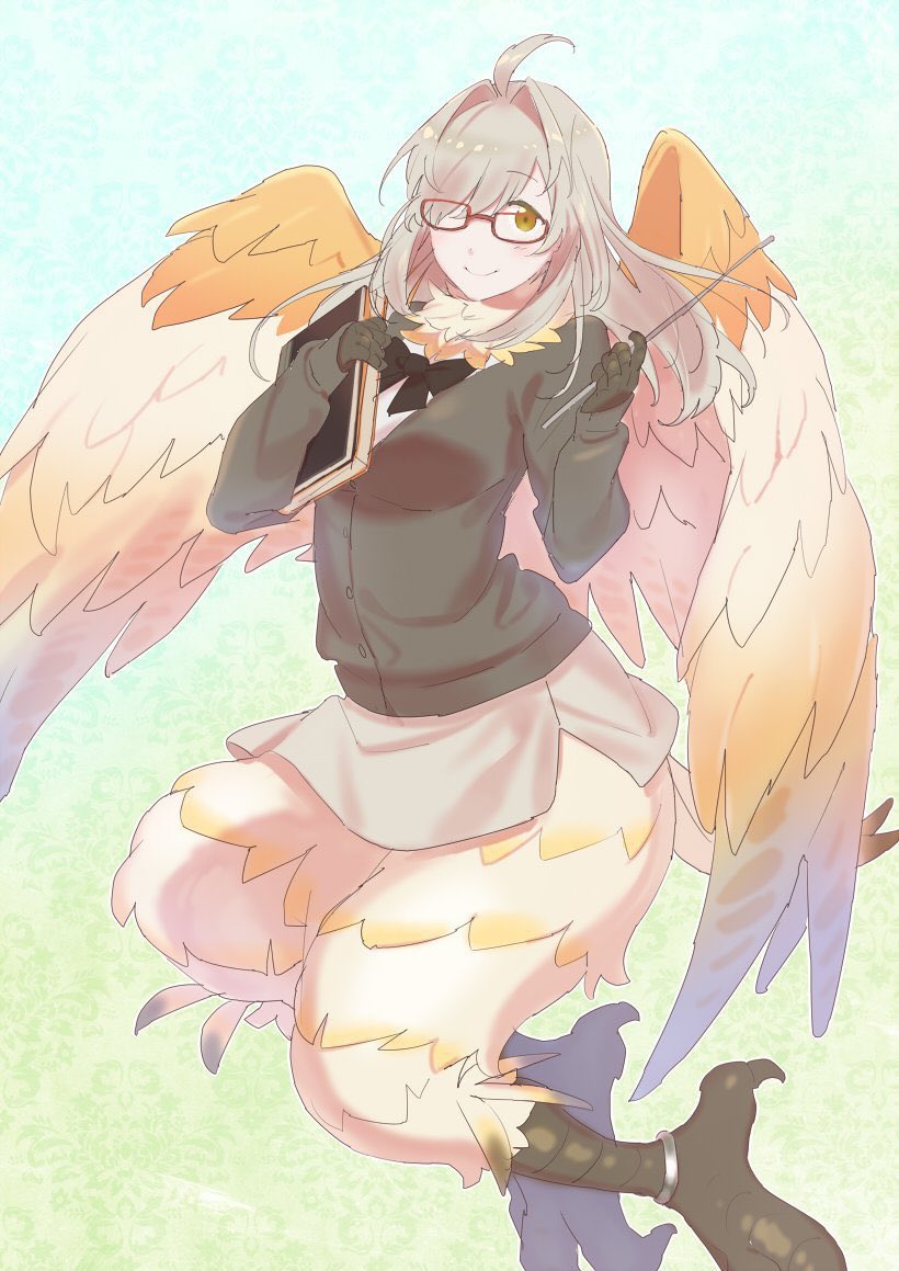 1girl, ahoge, animal_hands, bird_legs, bird_tail, blush, book, bow