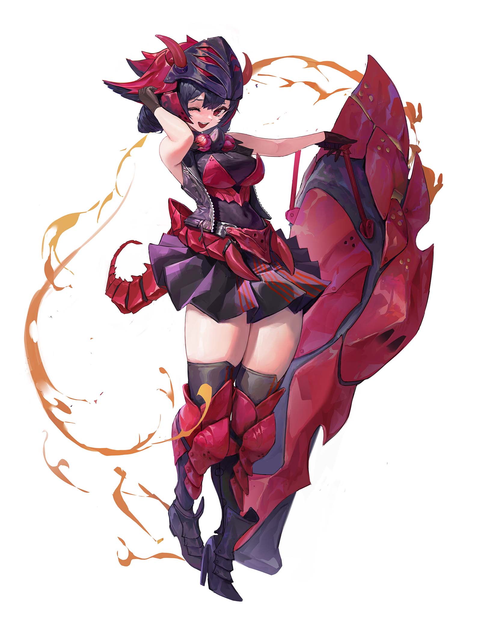 1girl, armor, armored_boots, bangs, bare_shoulders, black_dress, black_footwear, black_hair