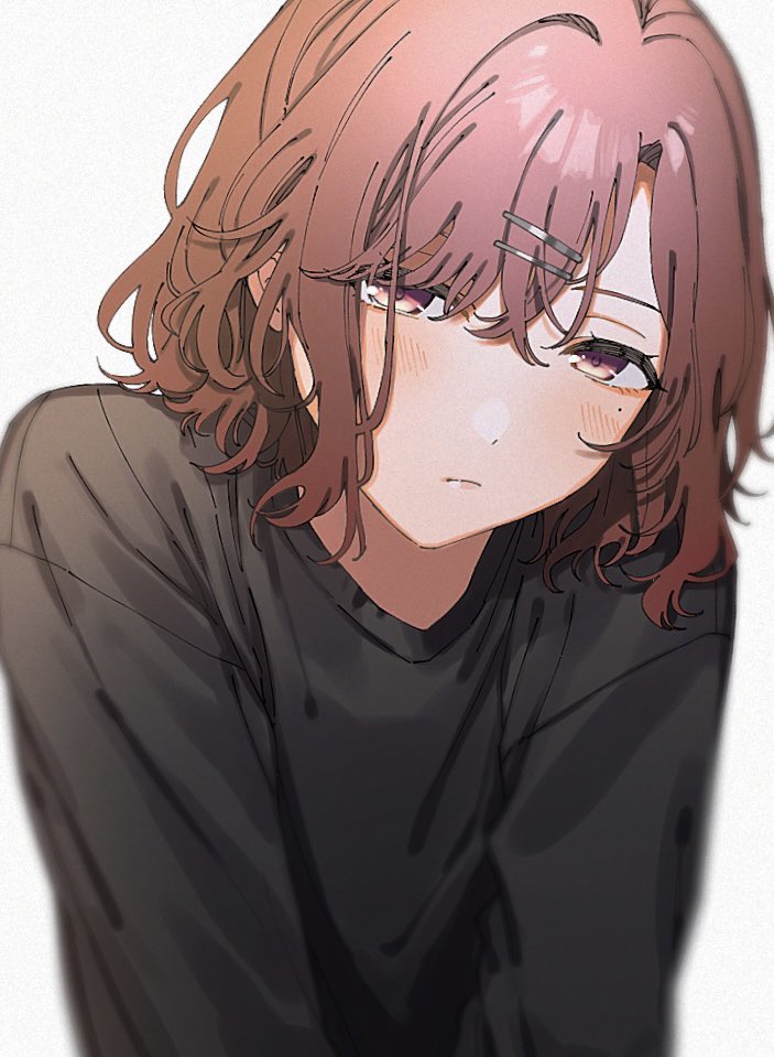 1girl, black_shirt, blush, brown_hair, hair_ornament, hairpin, higuchi_madoka, idolmaster