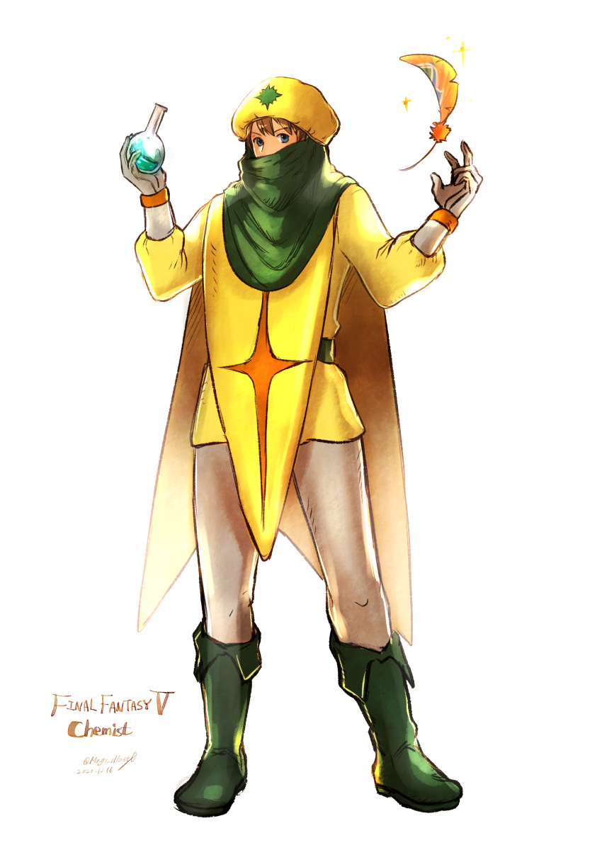1boy, absurdres, beret, blue_eyes, boots, brown_hair, butz_klauser, cape