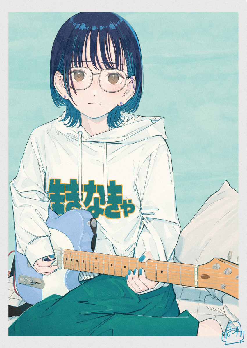 1girl, absurdres, artist_logo, bangs, blue_hair, blue_nails, blush, border