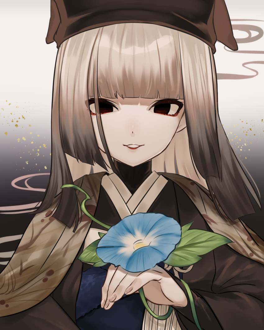 1girl, absurdres, amazakura, black_eyes, fate/grand_order, fate_(series), fingernails, flower