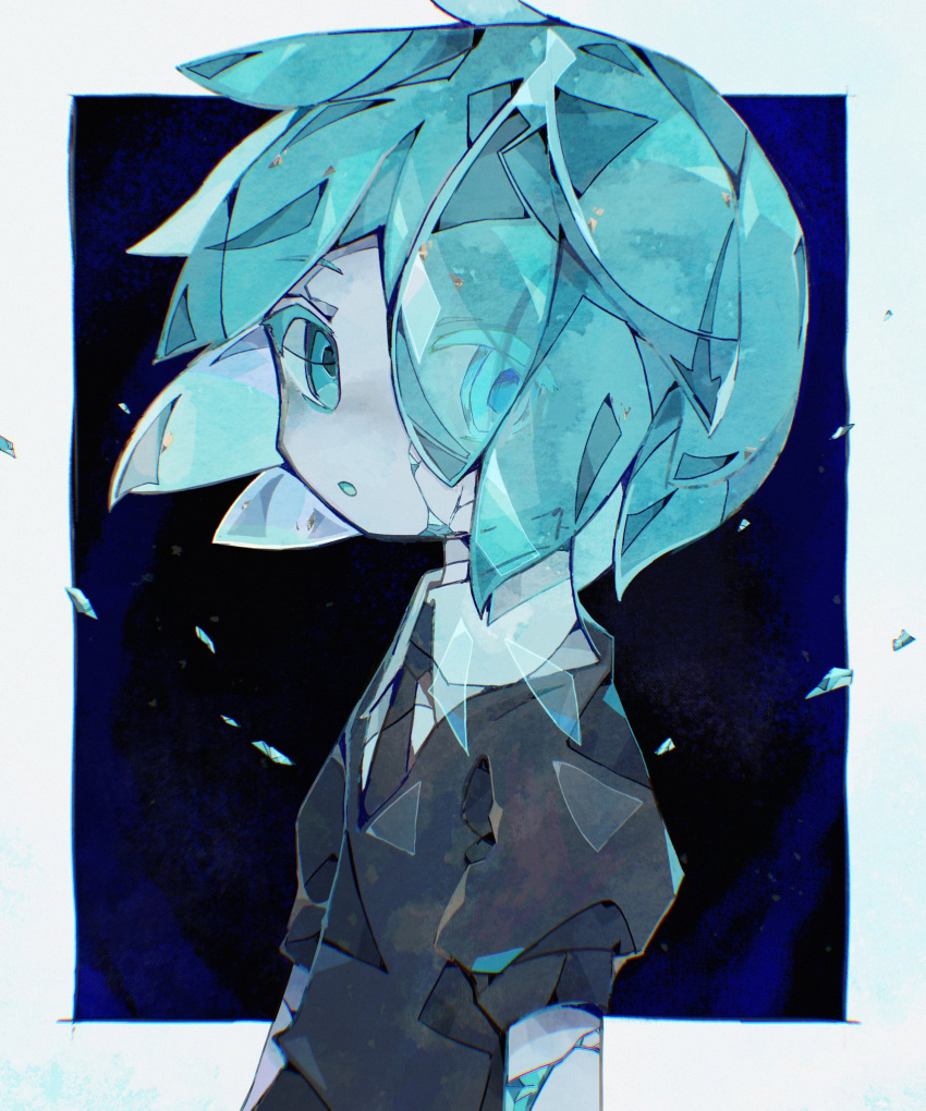 1other, androgynous, bangs, black_necktie, black_shirt, crack, cracked_skin, crystal_hair, gem_uniform_(houseki_no_kuni), green_eyes, green_hair, highres, houseki_no_kuni, looking_at_viewer, necktie, open_mouth, phosphophyllite, shirt, short_hair, short_sleeves, solo, soresaki, translucent_hair, upper_body