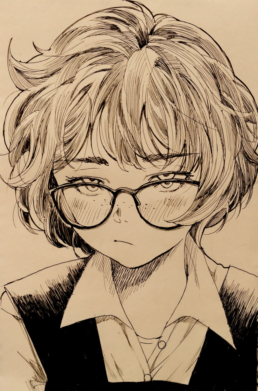 1girl, :/, blush, buttons, dress, dress_shirt, freckles, glasses, highres, looking_at_viewer, looking_over_eyewear, messy_hair, misaki_toji, monochrome, orange_background, original, pinafore_dress, portrait, sepia, shirt, simple_background, unamused, yellow_background