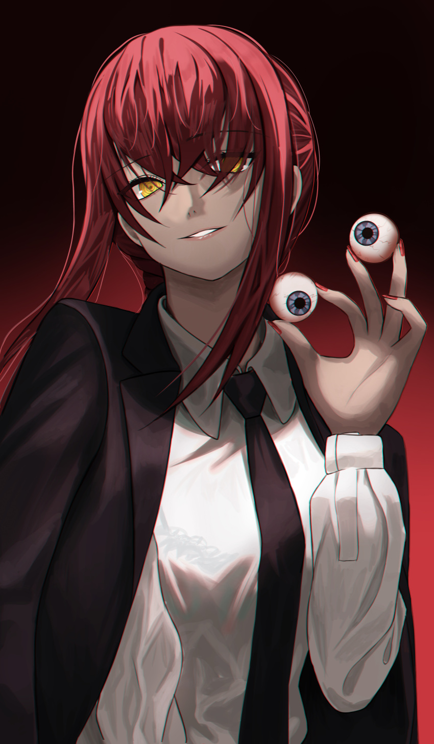 1girl, absurdres, bangs, black_background, black_jacket, black_necktie, chainsaw_man, collared_shirt