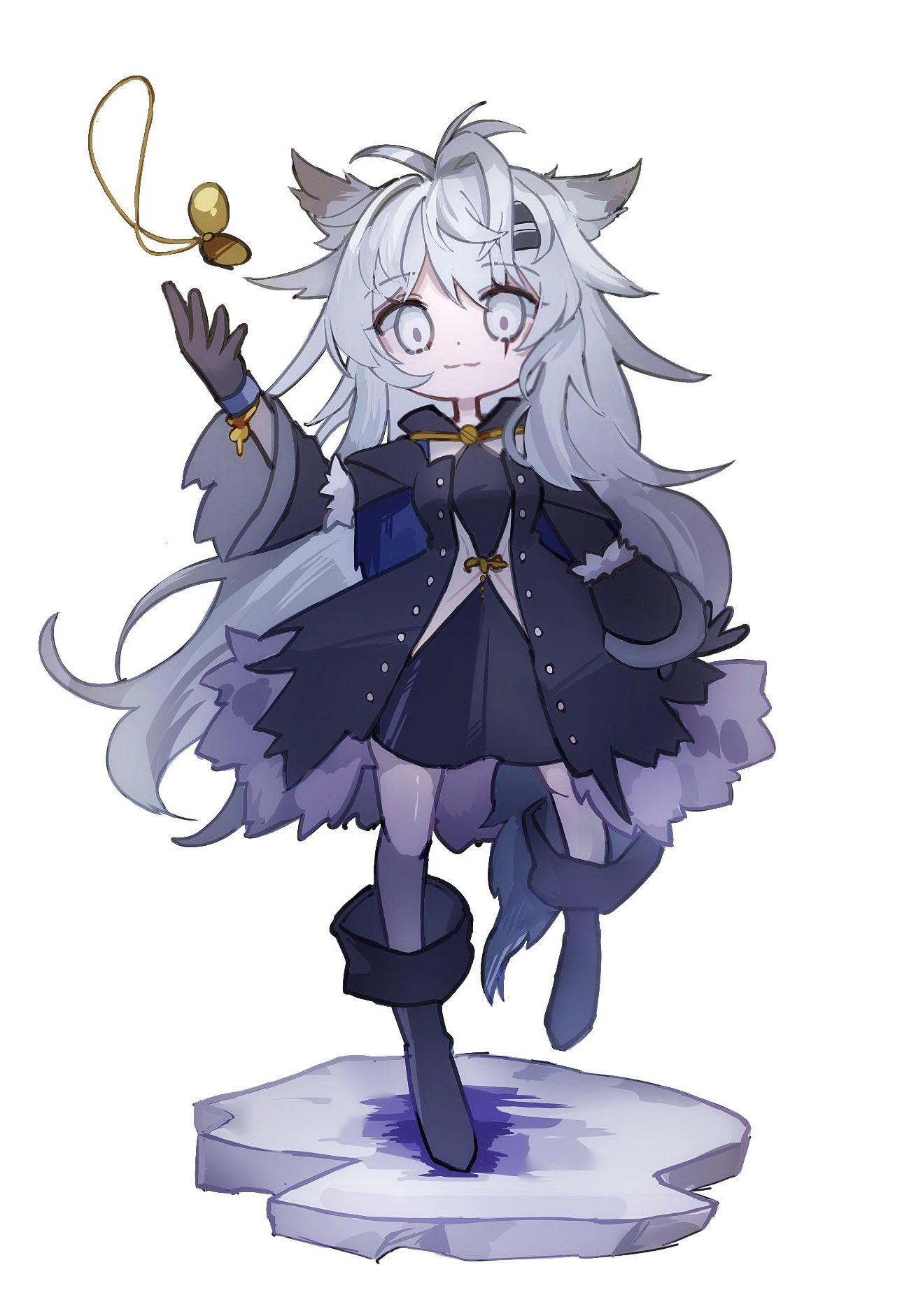 1girl, aged_down, animal_ears, antenna_hair, arknights, black_coat, black_dress, black_footwear