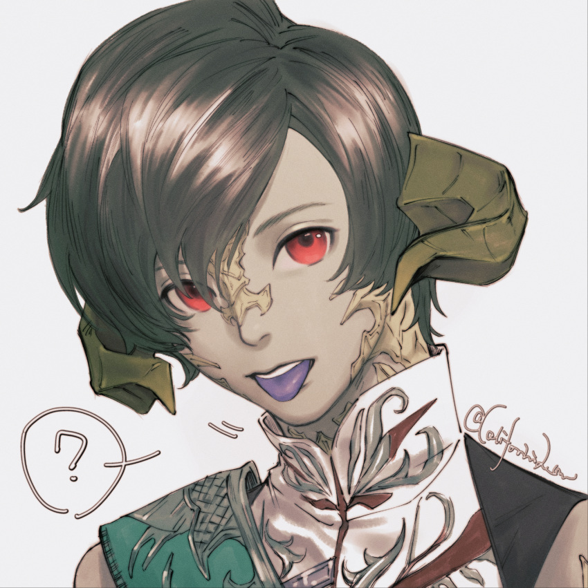 1boy, :p, ?, artist_name, au_ra, bangs, caloserrr, colored_tongue, curled_horns, dragon_boy, dragon_horns, final_fantasy, final_fantasy_xiv, green_hair, high_collar, highres, horns, looking_at_viewer, male_focus, portrait, purple_tongue, red_eyes, scales, short_hair, signature, simple_background, solo, spoken_question_mark, swept_bangs, tongue, tongue_out, varshahn, white_background