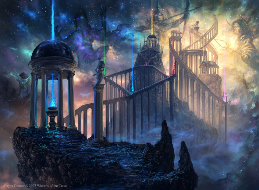 alayna_danner, building, fantasy, highres, light_rays, magic, magic:_the_gathering, mountain, no_humans, pillar, scenery, shrine, sky, star_(sky), starry_sky, statue